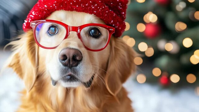 A happy dog wearing festive gear including glasses and a Santa hat stands against the backdrop of a decorated Christmas tree.