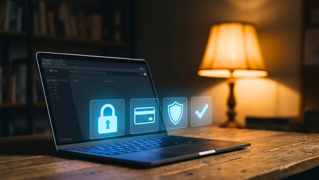 Open laptop on wooden desk in dark home office with warm lamp and blue padlock card shield checkmark icons floating, online banking security concept, secure transaction platform visualization