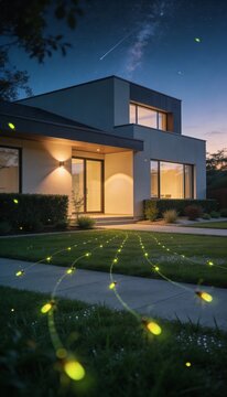 Modern contemporary house at night with glowing fireflies and starry milky way sky