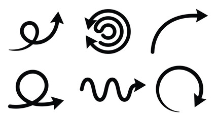 Black Hand Drawn Arrows Set Featuring Curved Paths and Circular Loops Minimalist Style © Abu