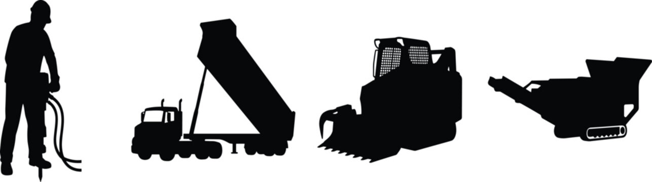 Heavy Construction Equipment and Roadwork Silhouette Set Featuring Dump Truck Jackhammer Worker and Asphalt Paver Machinery