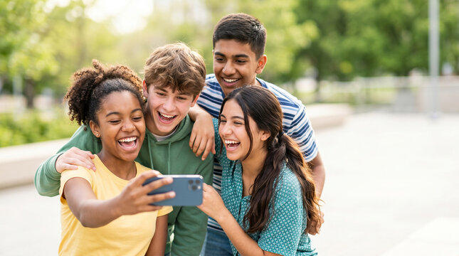 Group of teenage friends taking selfie and enjoying outdoors for International Youth Day  