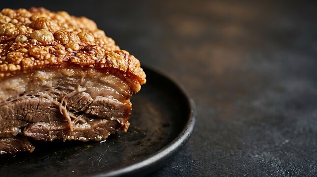 Juicy roasted pork belly with crispy golden crackling on dark plate