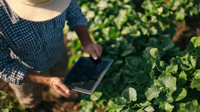 A farmer holding a tablet computer while standing in a vegetable garden.
