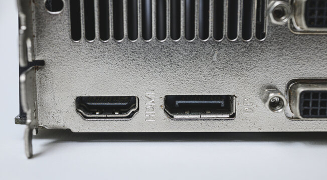 Close view of HDMI and DisplayPort connectors on graphics card.