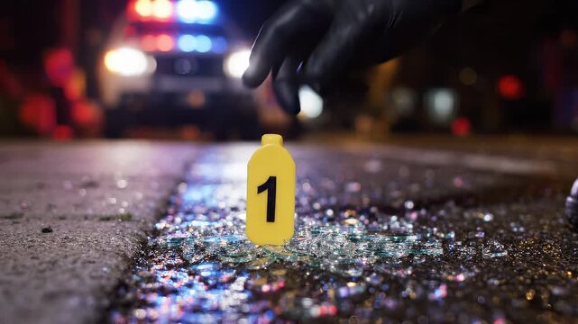 A close-up of a detective's gloved hand placing a yellow number one evidence marker beside broken glass shards on a wet sidewalk. Forensic gathering concept