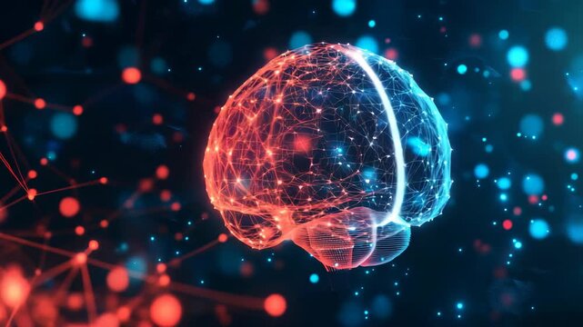 A stunning of a human brain represented as an intricate network of neurons and synapses in a futuristic digital landscape filled with glowing particles.