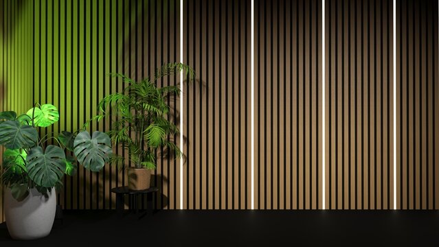 Modern studio background with wooden slat wall and monstera plant - Cam 4 - 3D rendering
