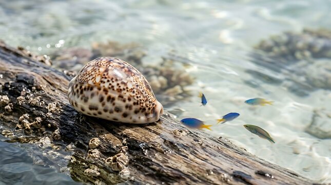 Spotted cowrie seashell on driftwood in clear tropical water with fish