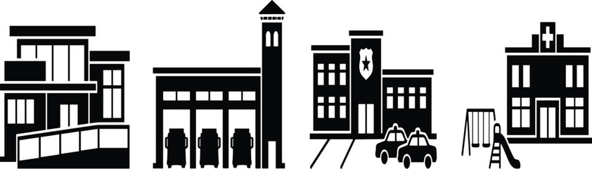 Municipal City Buildings Silhouette Icon Set Featuring Fire Station Police Department Hospital and Public School © Mdjoshelahamed4400 