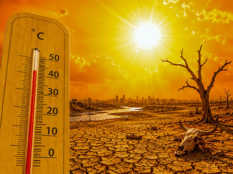 Thermometer showing extreme heat over a dry, cracked landscape with a dead tree and a skull. Conceptual image representing global warming, climate change, and environmental drought.
