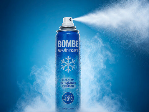 Refreshing spray canister in action, releasing a cold mist against a vibrant blue background. Conceptual product shot for instant cooling and thermal relief in summer.