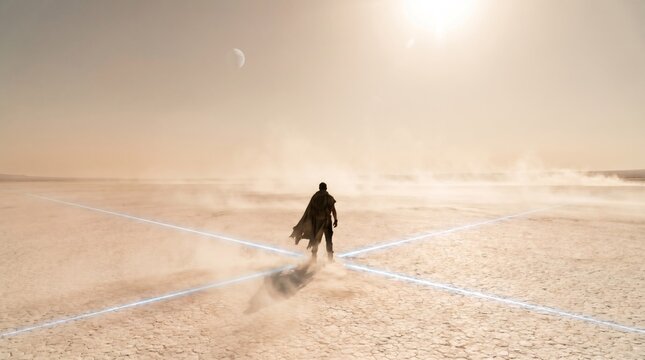 Lone explorer walking towards glowing cross mark in dusty desert, discovery and futuristic journey concept