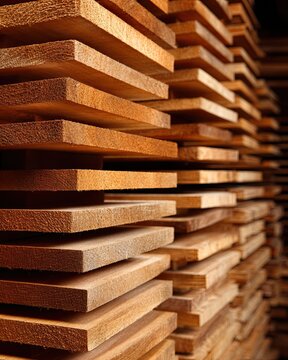 Neatly stacked lumber planks with visible wood grain and texture in a warm, natural light.