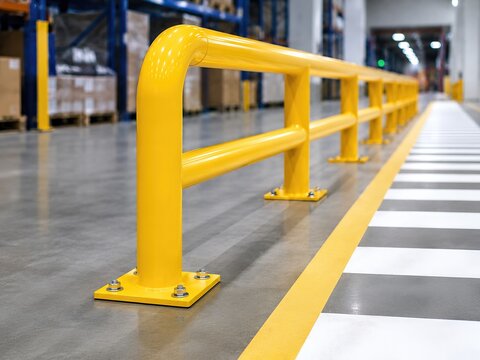 Barri&egrave;re de s&eacute;curit&eacute; jaune dans un entrep&ocirc;t industriel moderne
