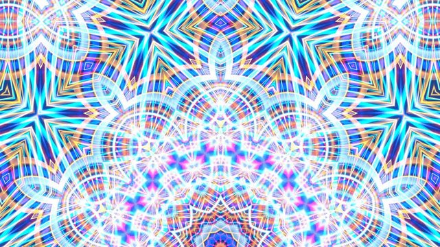 Abstract  sequence of geometric colorful patterns in dynamic motion shifts. Vibrant kaleidoscopic symmetry movement in vivid blue hues. Multicolored layered background transormation. 4K UHD 4096x2304