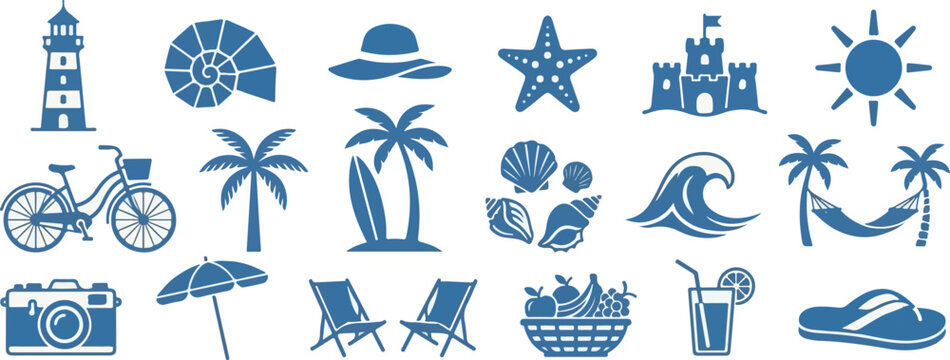 Hand drawn doodle beach and surf vector illustration set. Tropical naive coastal elements like palm trees, waves, surfboards, and sun perfect for summer designs, t-shirts, posters, and placard prints