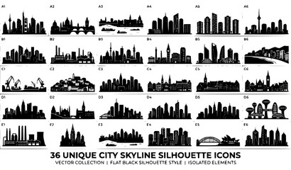 Obraz premium Modern Urban Skyline Silhouette Set With City Architecture And Downtown Vector Elements