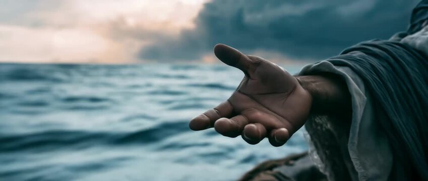 Jesus Christ reaching out to offer assistance while on the sea. idea of God's hand and Jesus as the Savior.	