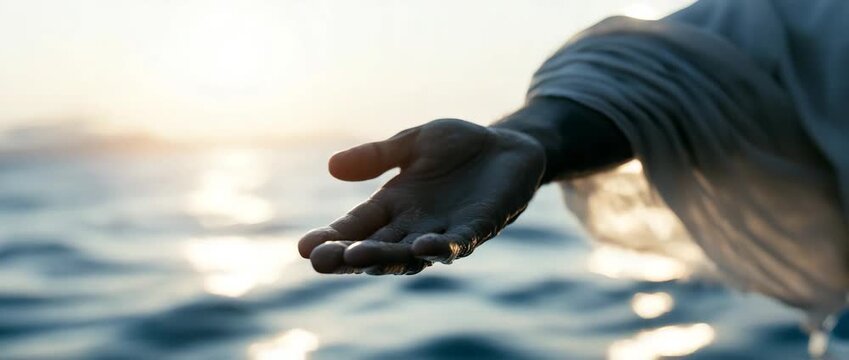 Jesus Christ reaching out to offer assistance while on the sea. idea of God's hand and Jesus as the Savior.	