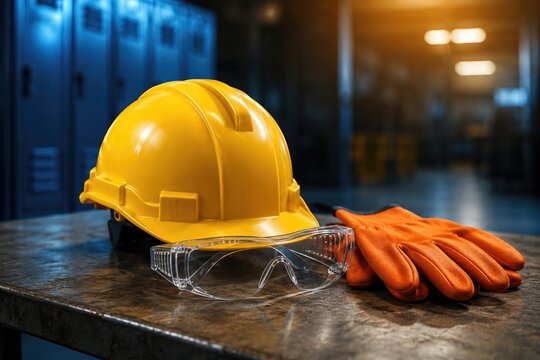 Casque de chantier lunettes de protection et gants sur une table industrielle
