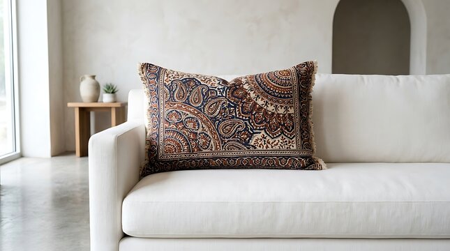 Ornate patterned cushion on a white minimalist sofa in bright room