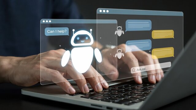 Person typing on a laptop with a digital chatbot assistant interface on the screen