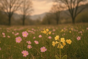 Fototapeta premium Vibrant wildflowers in serene meadow.