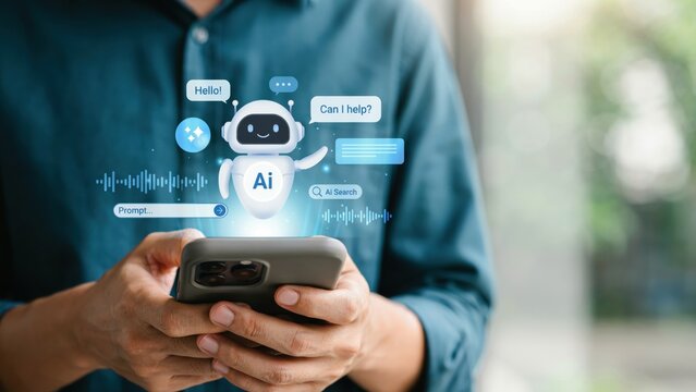 Person using a smartphone with artificial intelligence chatbot icon on the screen