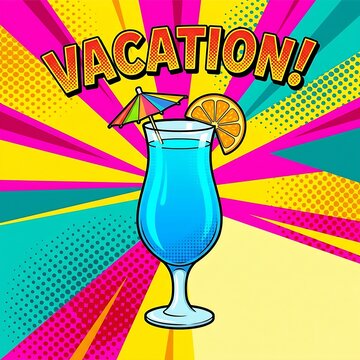  pop art poster of a bright blue cura�ao cocktail with a tiny umbrella. Typography: "Vacation!"