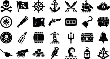 Collection of vintage maritime nautical equipment skull crossbones flag and sea voyager icons isolated on white