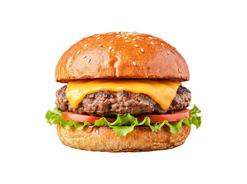 A classic American cheeseburger featuring melted cheddar cheese, a juicy beef patty.