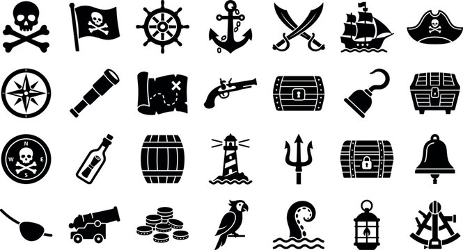 Collection of vintage maritime nautical equipment skull crossbones flag and sea voyager icons isolated on white