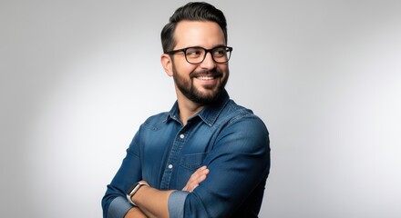 Fototapeta premium Confident Smiling Businessman in Denim Shirt and Glasses Looking Away with Arms Crossed on White Background