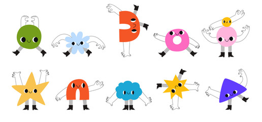 Obraz premium Naive playful abstract geometric shapes characters doing acrobatics Hand drawn whimsical cartoon figures with hands and legs for children education poster and logo design