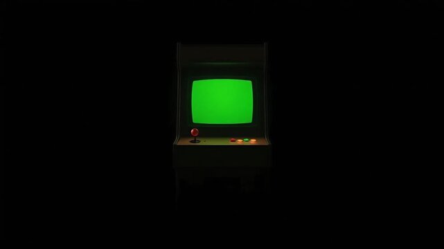 Retro arcade machine featuring a glowing green screen and vibrant control buttons captured in this dark digital animation motion video