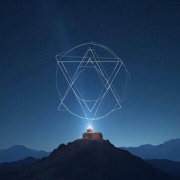 Glowing pentagram symbol on mountain peak at night
