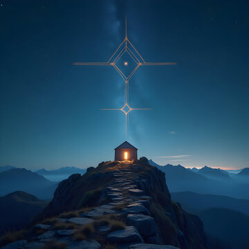 Glowing Hut on Mountain Peak at Night with Ethereal Geometric Light Formation