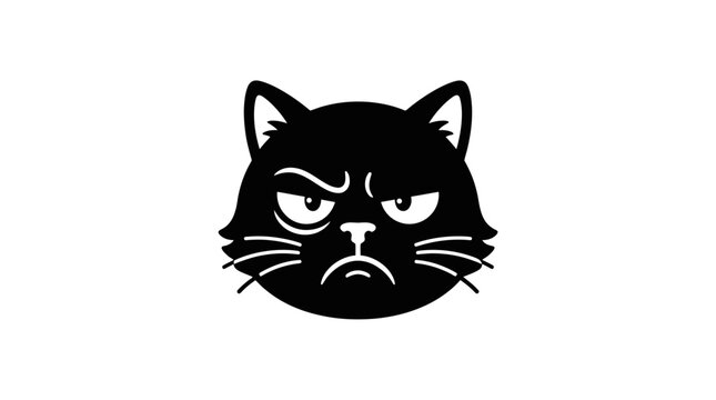 Grumpy Black Cat Face Icon, Annoyed Feline Expression, Vector Illustration
