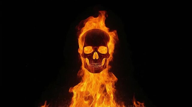 Human skull engulfed in intense orange flames creates a dark cinematic motion graphic element for high quality video animation projects