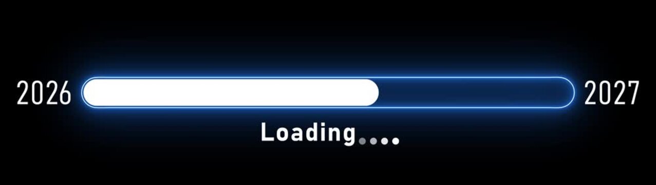 Minimalist loading bar progress animation from 2026 to 2027 sleek tech