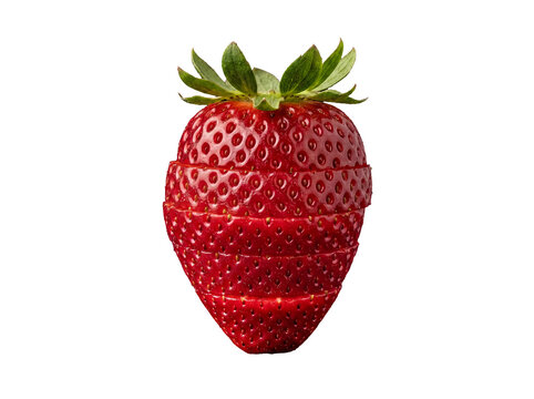 A beautifully sliced whole strawberry, with individual red sections neatly stacked, revealing its juicy interior.