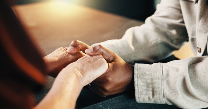 Holding hands, trust and couple in home with comfort, bonding and love in marriage on weekend. Commitment, solidarity and man with woman for connection. loyalty and support in relationship at house.
