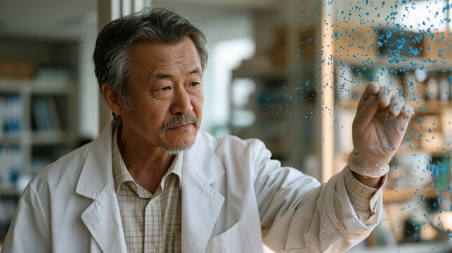 Scatter plot correlation data etched on frosted glass office partition in Seoul research institute, Korean epidemiologist tracing infectious disease outbreak clusters with gloved