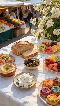 Fresh Mediterranean food spread on white tablecloth at a sunny outdoor market