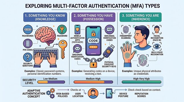 Multi-factor authentication types and security levels infographic
