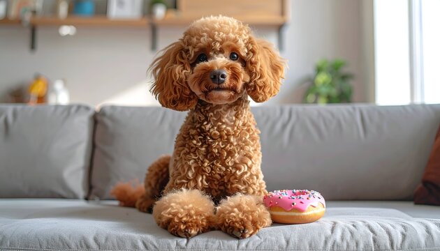 Adorable Poodle with a Donut Toy on a Gray Couch.