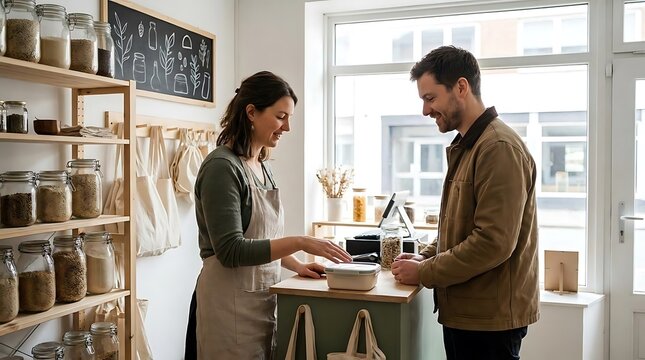 Customer buys product from shopkeeper in store with shelves of goods