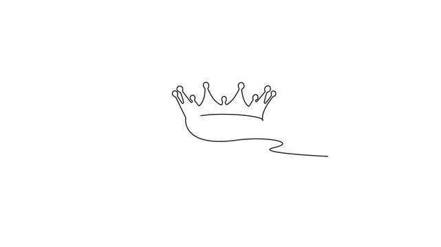 Continuous one line art drawing of a king crown elegant royal outline animation isolated on white background minimalist luxury design.