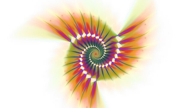 Helix, volute, swirl, volume motion on white. Bright spiral illumination spin. Multicolored streams of light making whirling. Abstract iridescent fractal shape changing in center. 4K UHD 4096x2304